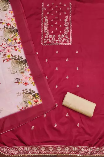 Women's maroon cotton embroidered unstitched dress material