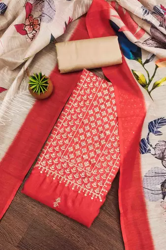 red cotton embroidered unstitched dress material
