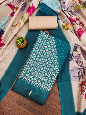 teal cotton embroidered unstitched dress material 1