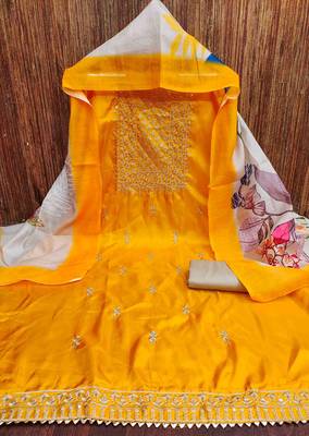 yellow cotton embroidered unstitched dress material 2