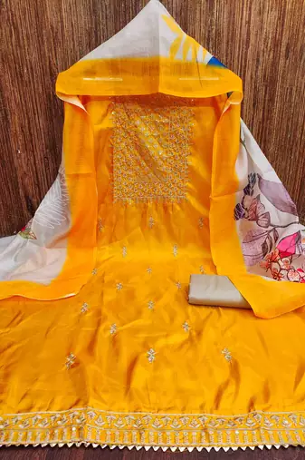 yellow cotton embroidered unstitched dress material