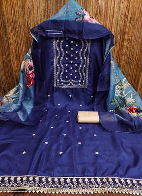 navy blue cotton embroidered unstitched dress material 2
