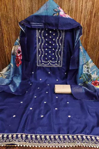navy blue cotton embroidered unstitched dress material