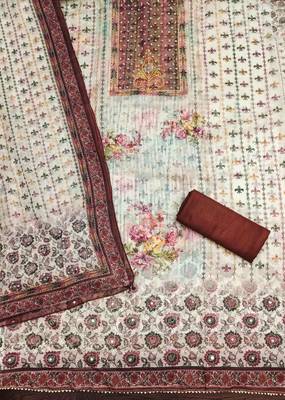 maroon organza handwork unstitched dress material 2