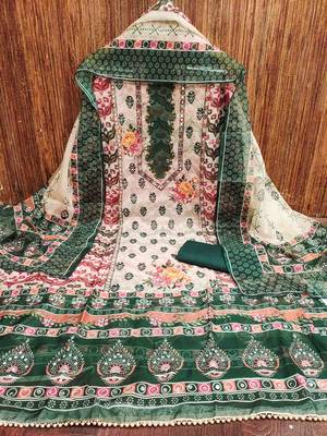 dark green organza handwork unstitched dress material 2