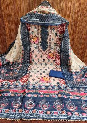 navy green organza handwork unstitched dress material 2