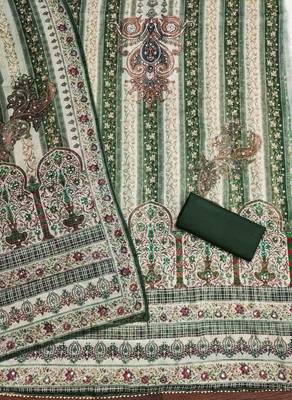 dark green organza handwork unstitched dress material 3