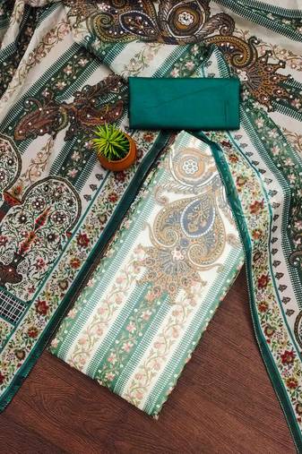 Women's teal organza handwork unstitched dress material