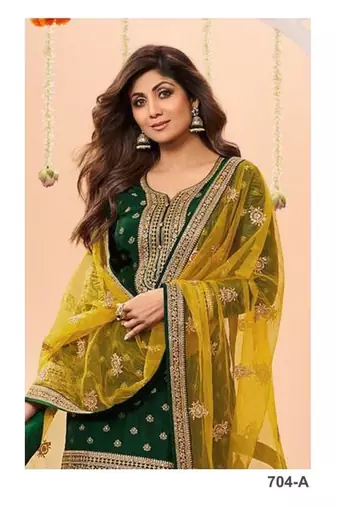 Dark green heavy jacquard silk semi stitched patiyala suits