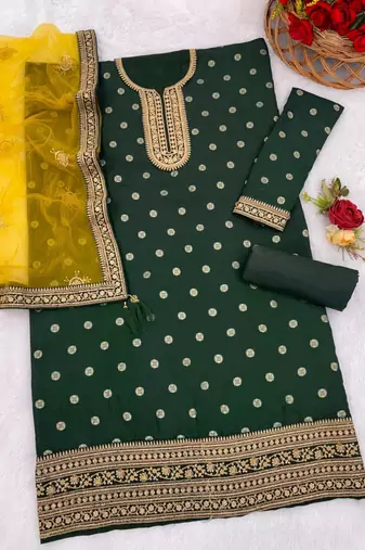 Dark green heavy jacquard silk semi stitched patiyala suits