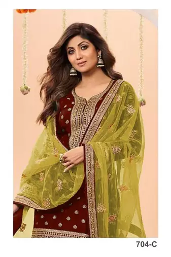 Maroon heavy jacquard silk semi stitched patiyala suits