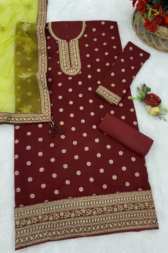 Maroon heavy jacquard silk semi stitched patiyala suits
