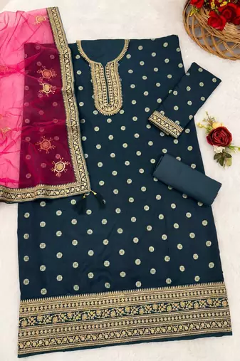Peacock blue heavy jacquard silk semi stitched patiyala suits