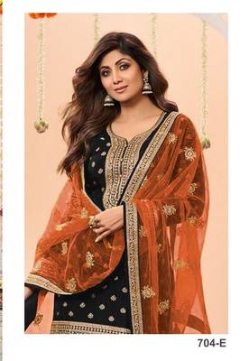 Black heavy jacquard silk semi stitched patiyala suits 2
