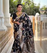 black solid banarasi art silk woven saree with matching blouse