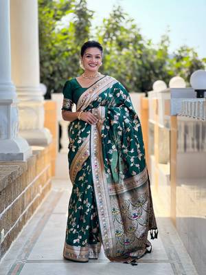 bottle green solid banarasi art silk woven saree with matching blouse 1