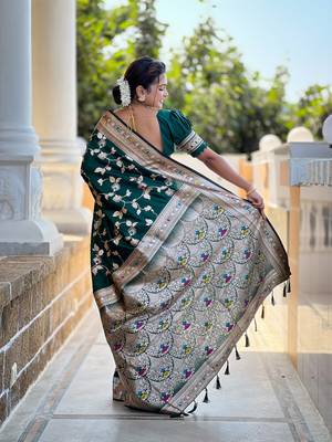 bottle green solid banarasi art silk woven saree with matching blouse 3
