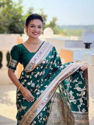 bottle green solid banarasi art silk woven saree with matching blouse 5