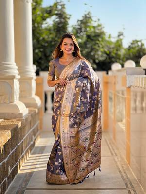 grey solid banarasi art silk woven saree with matching blouse 1
