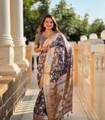 grey solid banarasi art silk woven saree with matching blouse