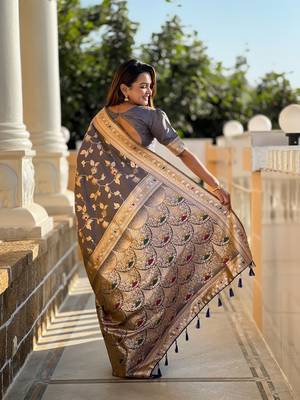 grey solid banarasi art silk woven saree with matching blouse 2