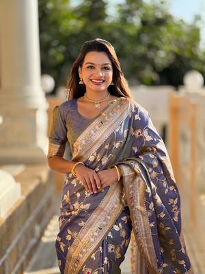 grey solid banarasi art silk woven saree with matching blouse 4