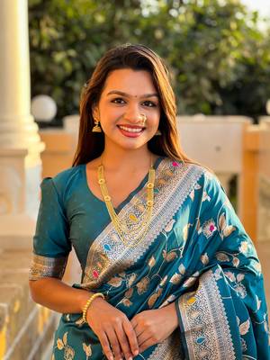 morpeach solid banarasi art silk woven saree with matching blouse 5