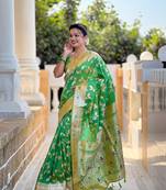 parrot solid banarasi art silk woven saree comes with matching blouse