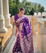 purple solid banarasi art silk woven saree with matching blouse