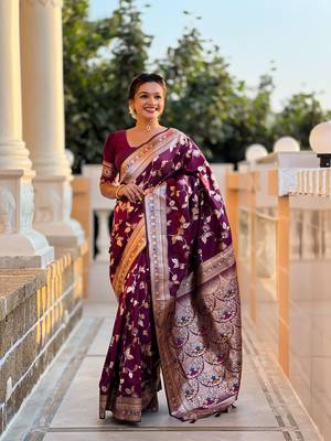 wine solid banarasi art silk woven saree with matching blouse 1