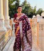 wine solid banarasi art silk woven saree with matching blouse