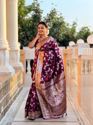 wine solid banarasi art silk woven saree with matching blouse 2