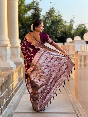 wine solid banarasi art silk woven saree with matching blouse 3