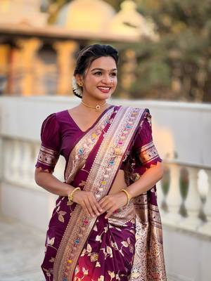 wine solid banarasi art silk woven saree with matching blouse 4