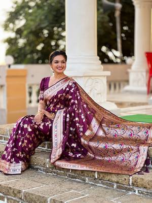 wine solid banarasi art silk woven saree with matching blouse 5