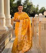 yellow solid banarasi art silk woven saree with matching blouse
