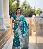 rama solid banarasi art silk woven saree with matching blouse