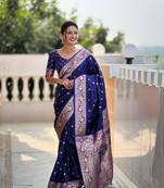 navy blue paisley banarasi art silk embellished saree with matching blouse