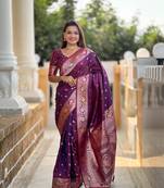 wine paisley banarasi art silk embellished saree with matching blouse