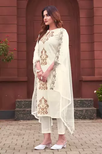 White cotton embroidered kurta with pant and dupatta