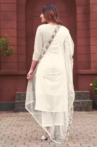 White cotton embroidered kurta with pant and dupatta