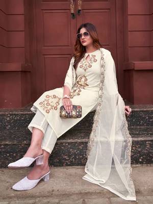 White cotton embroidered kurta with pant and dupatta 4