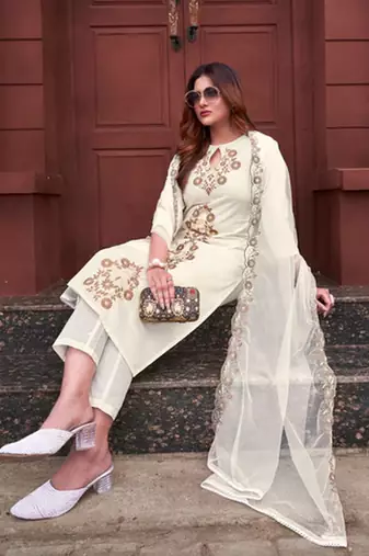 White cotton embroidered kurta with pant and dupatta