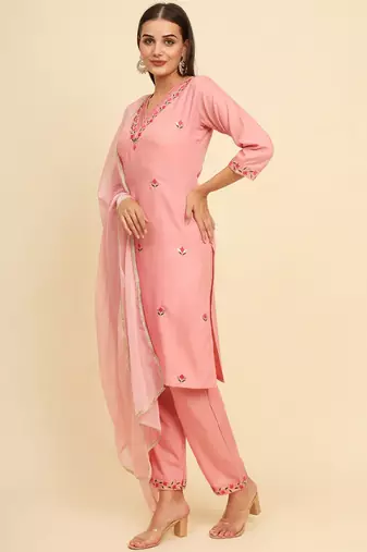 Light-pink cotton embroidered kurta with pant and dupatta