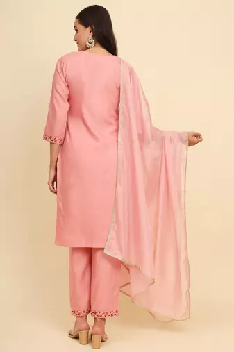 Light-pink cotton embroidered kurta with pant and dupatta