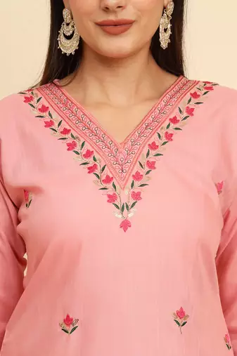 Light-pink cotton embroidered kurta with pant and dupatta