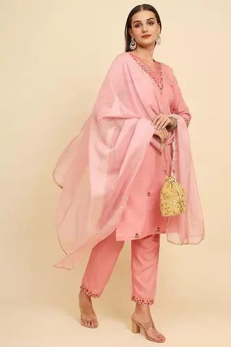 Light-pink cotton embroidered kurta with pant and dupatta