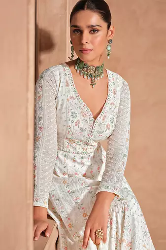 White chinon with embroidery sequence work chinon gowns