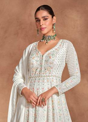 White chinon with embroidery sequence work chinon gowns 3
