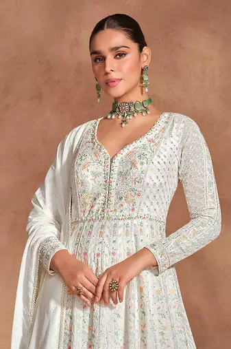 White chinon with embroidery sequence work chinon gowns